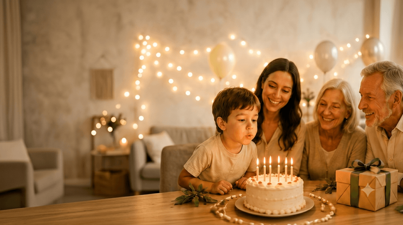 Family celebrating birthday with cake and gifts